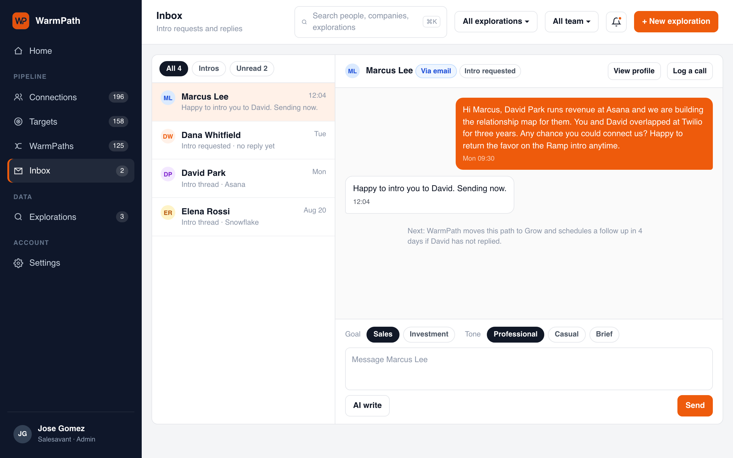 Inbox showing an intro request with AI Write, goal and tone